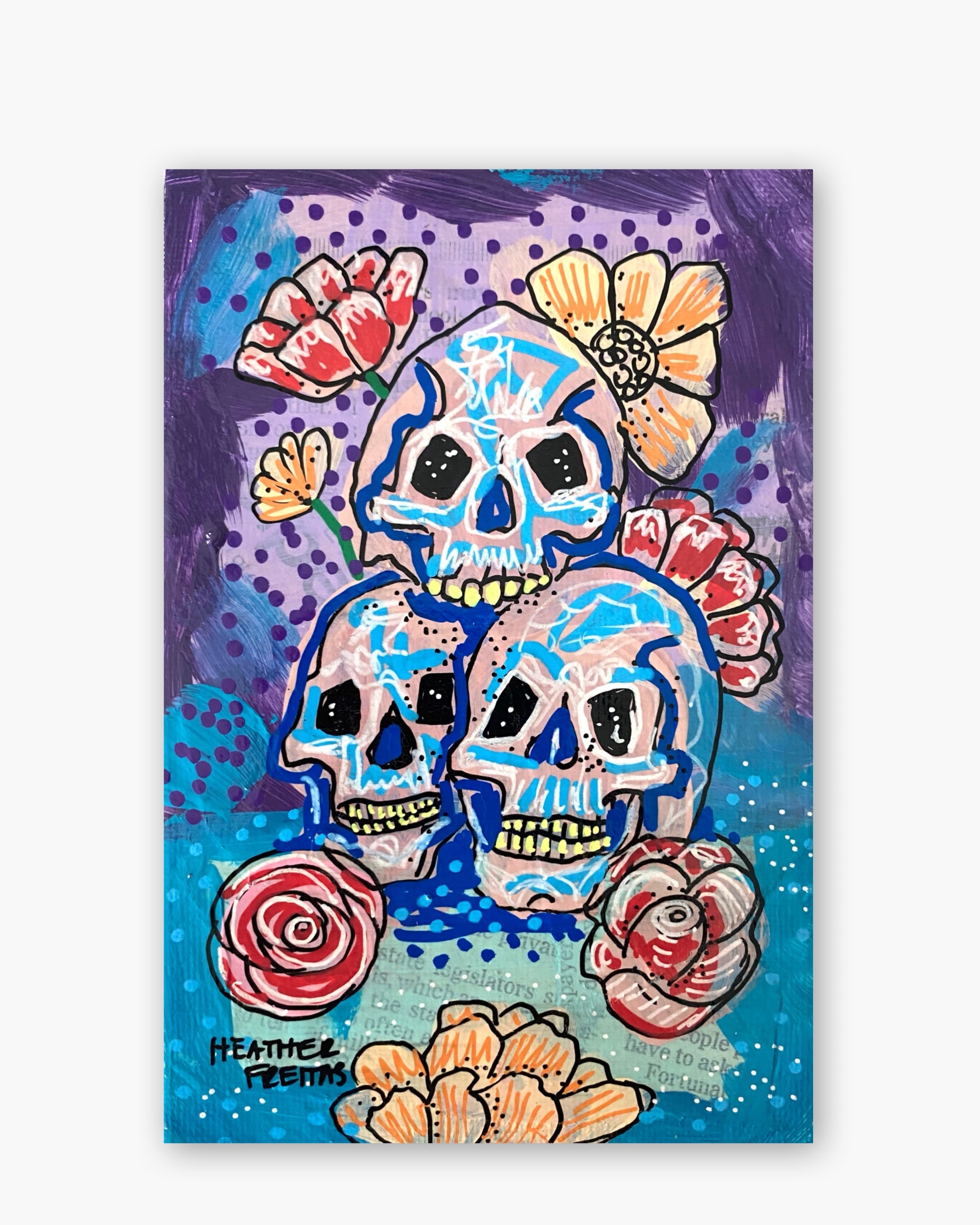 Fiesta Floral Skulls ( Original Painting In Hand Painted Frame )