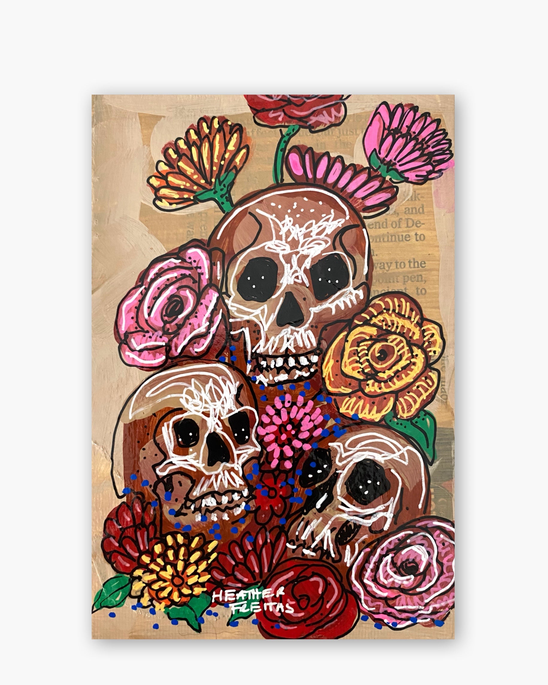 Desert Sands Floral Skulls ( Original Painting In Hand Painted Frame )