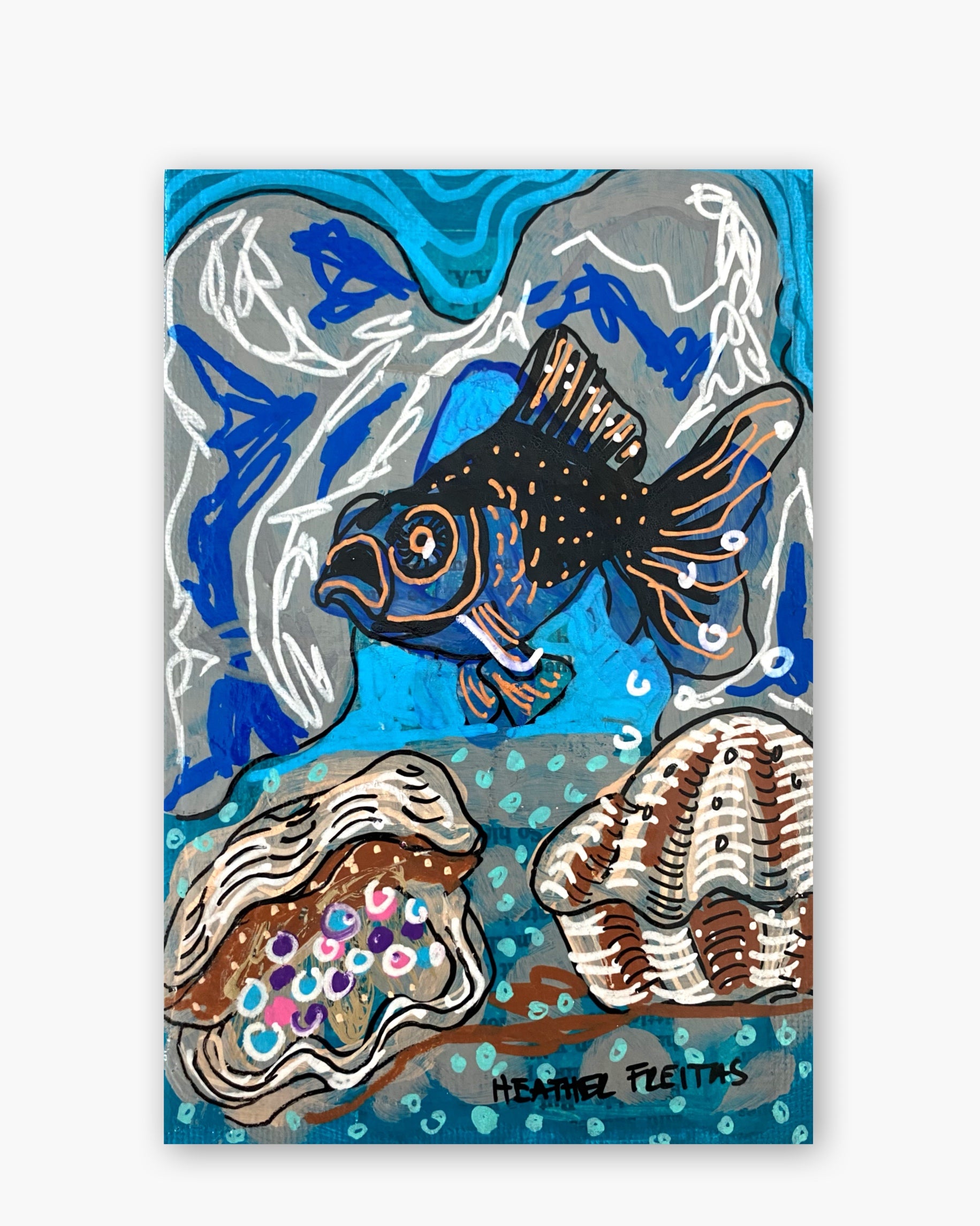 Black Goldfish With Pearl Clams ( Original Painting In Hand Painted Frame )