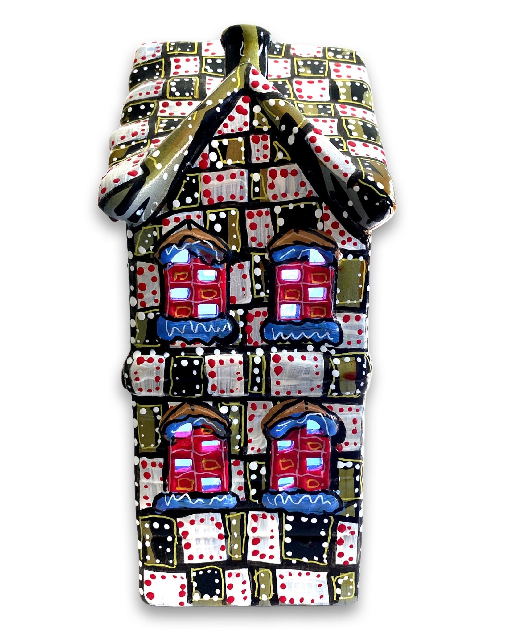 Black, White & Brass Hand Painted Ceramic LED Christmas Village House - Heather Freitas - fine art home deccor