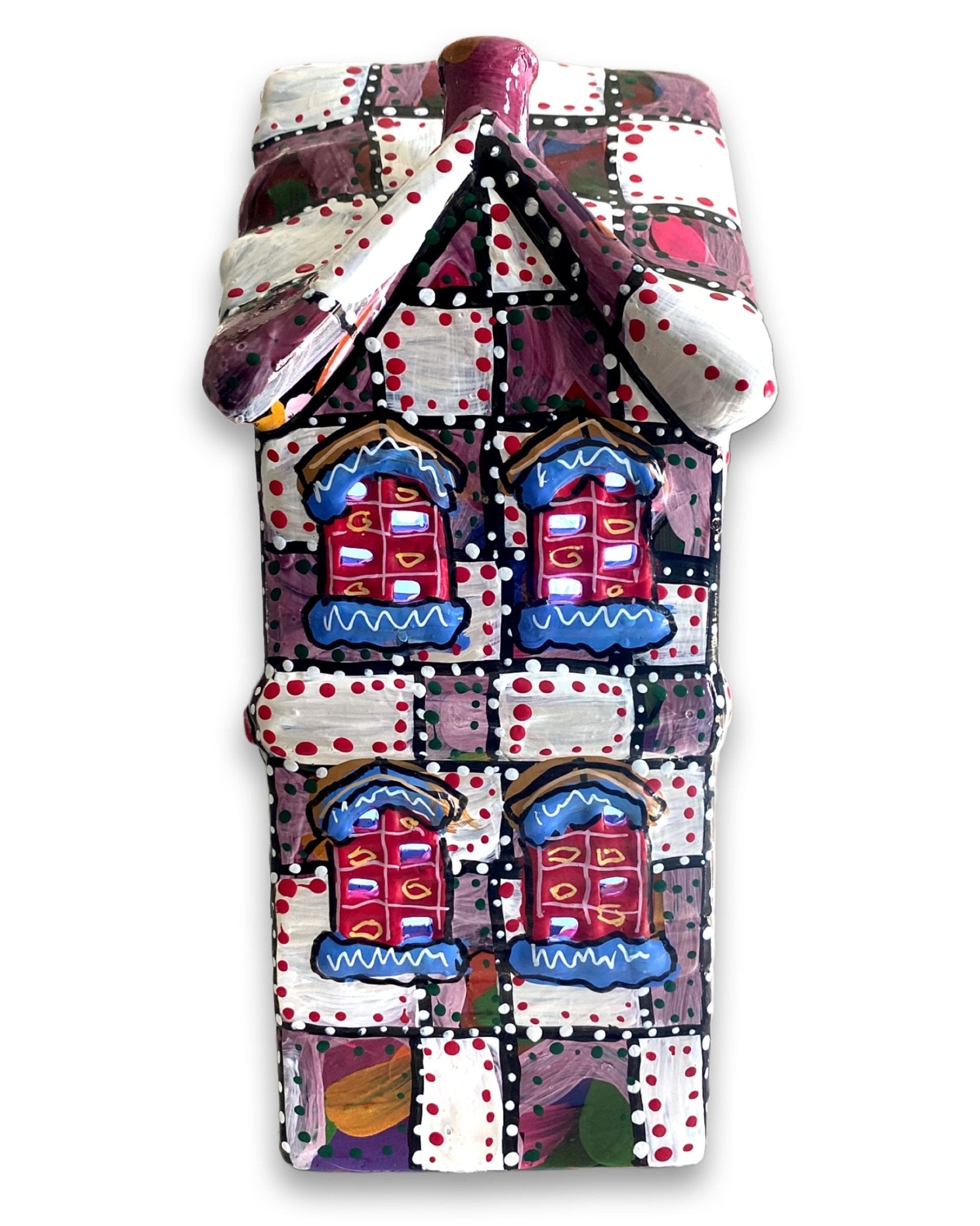 Colorful Purple Hand Painted Ceramic LED Ceramic LED Christmas Village House - Heather Freitas - fine art home deccor