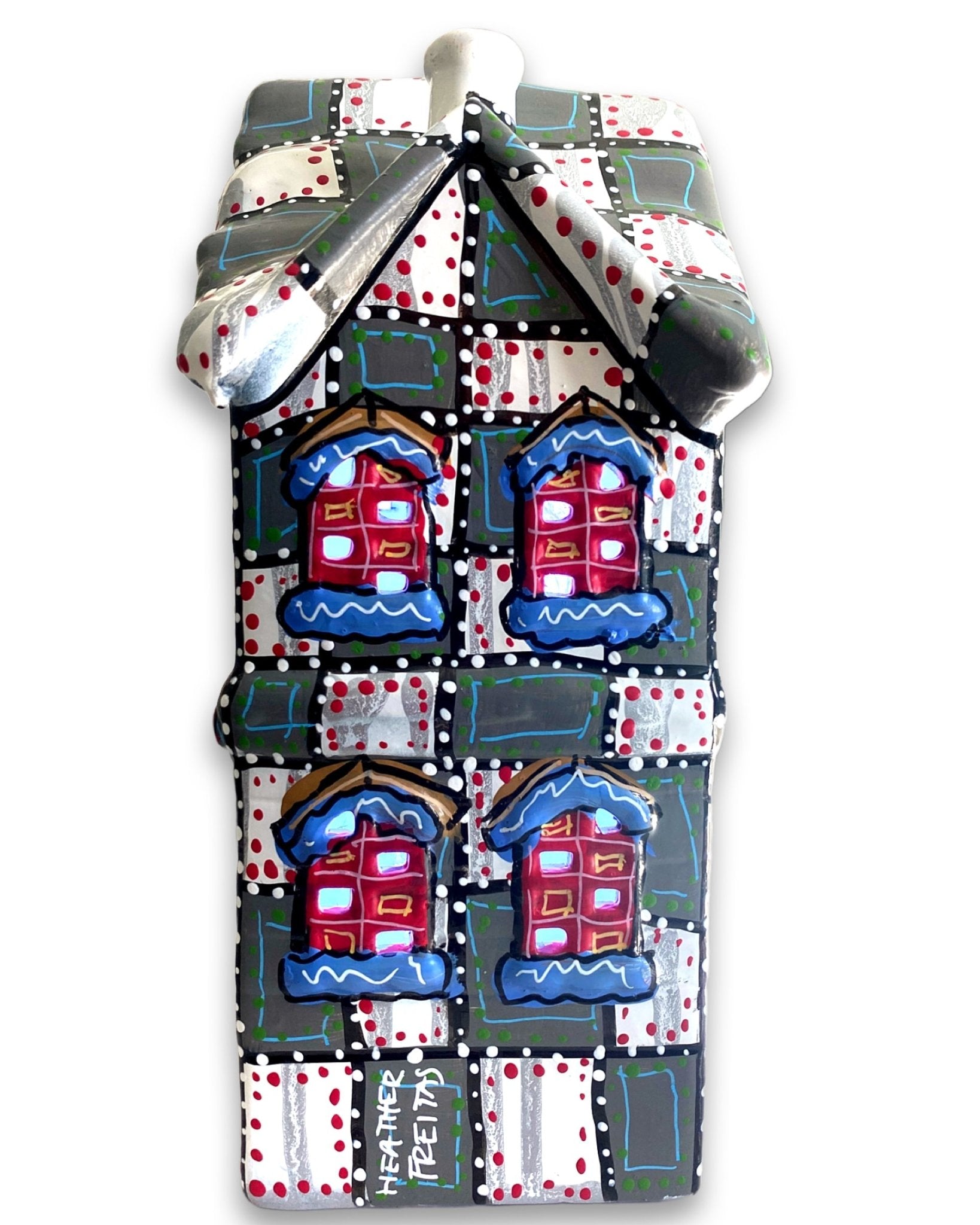 Grey With White & Red Hand Painted Ceramic LED Christmas Village House - Heather Freitas - fine art home deccor