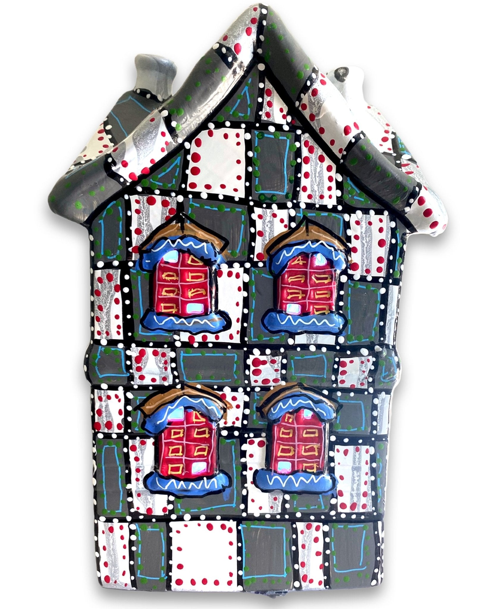 Grey With White & Red Hand Painted Ceramic LED Christmas Village House - Heather Freitas - fine art home deccor