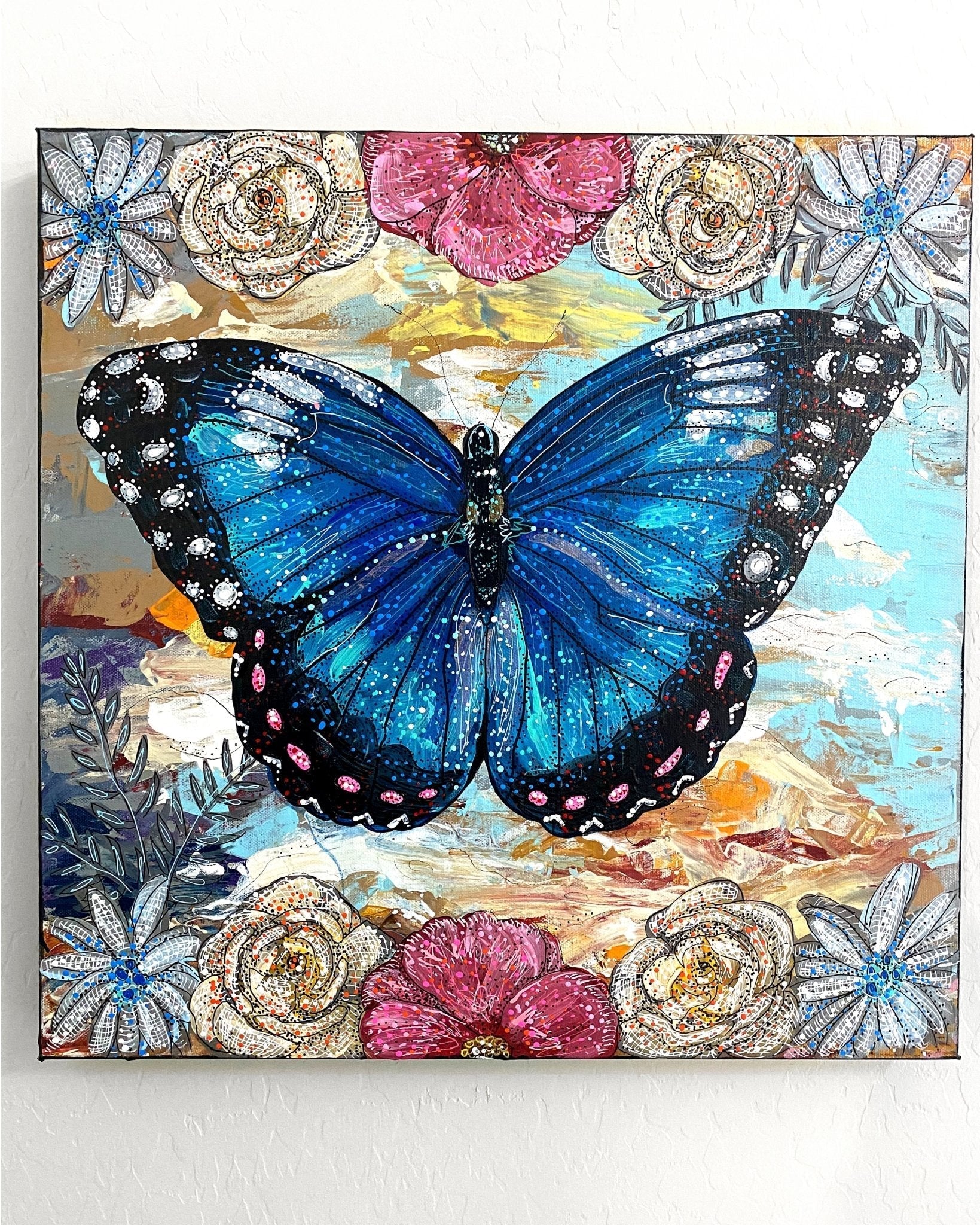 Sky Diamonds Butterfly Floral ( Original Painting ) - Heather Freitas - fine art home deccor