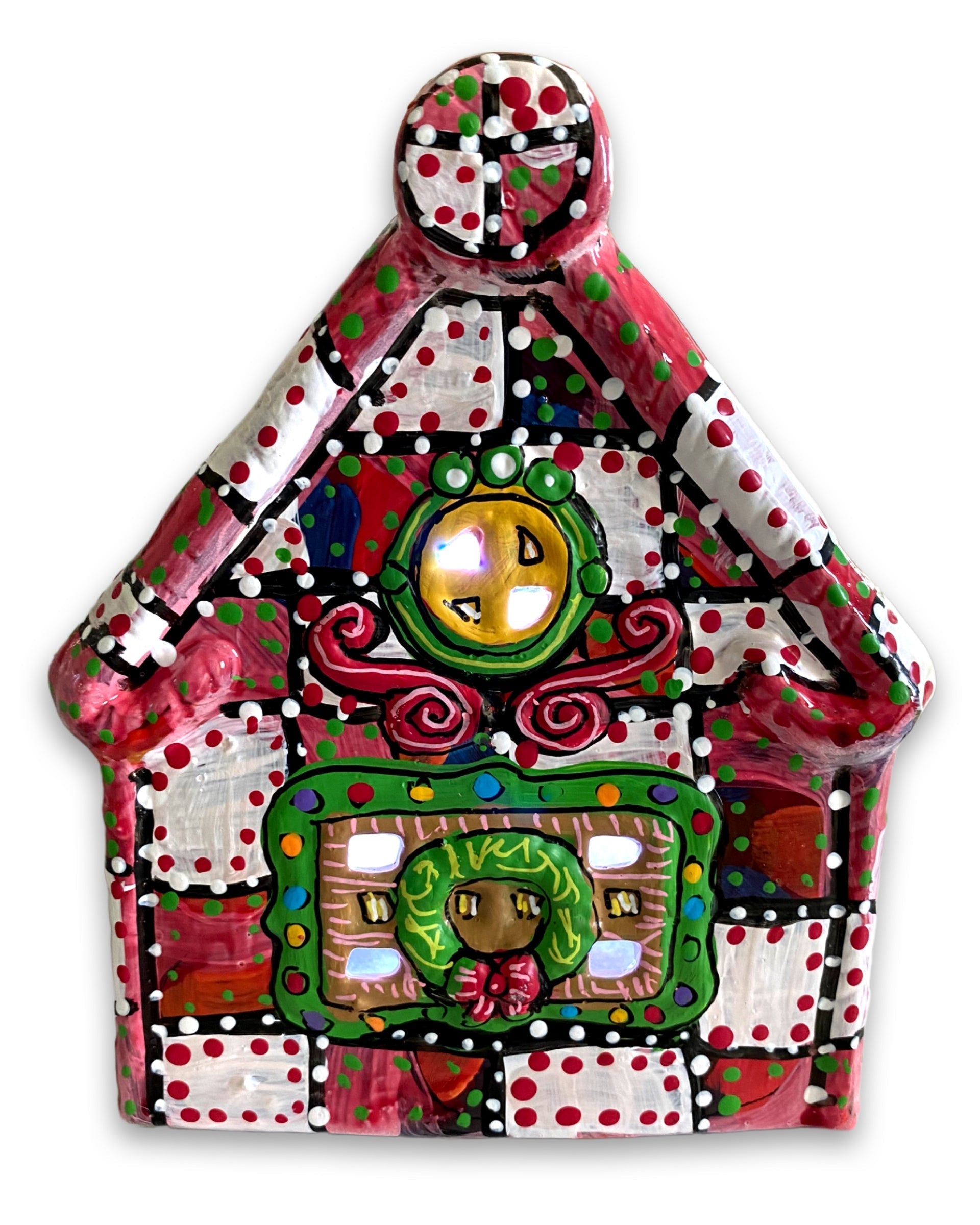 The Gingerbread House Red & White Hand Painted Ceramic LED Christmas Village House - Heather Freitas 